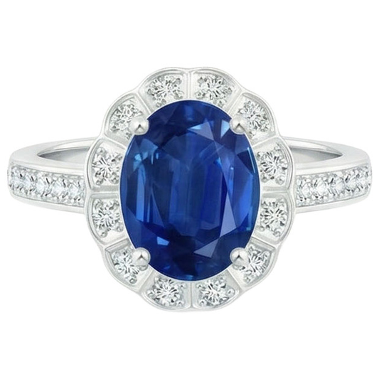 Bague Saphir Et Diamants Naturels Extraits des Mines ( et non cultivés en laboratoire ) Taille Ovale Et Ronde De 4.20 Ct Or Blanc 14K
