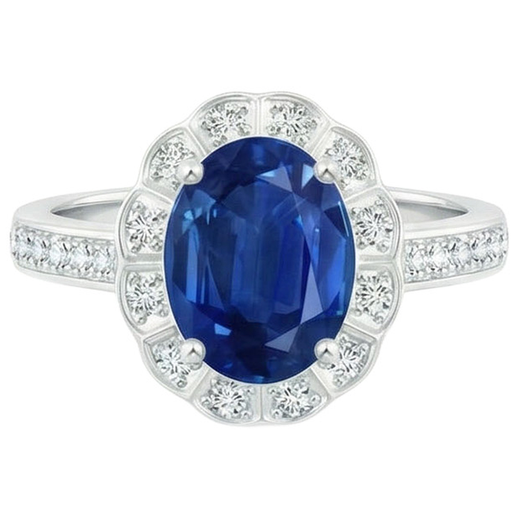 Bague Saphir Et Diamants Naturels Extraits des Mines ( et non cultivés en laboratoire ) Taille Ovale Et Ronde De 4.20 Ct Or Blanc 14K