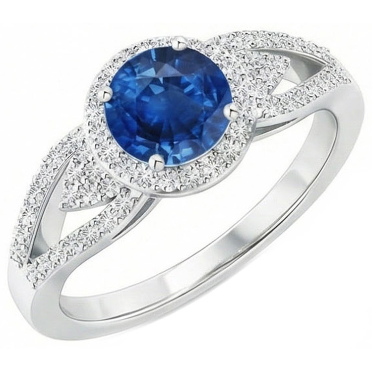 Bague Saphir Et Diamants Naturels Extraits des Mines ( et non cultivés en laboratoire ) Taille Ronde 2.64 Ct Or Blanc