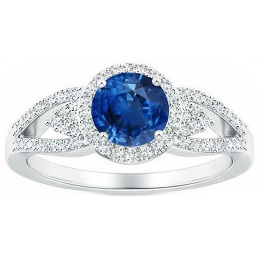 Bague Saphir Et Diamants Naturels Extraits des Mines ( et non cultivés en laboratoire ) Taille Ronde 2.64 Ct Or Blanc