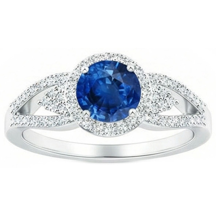 Bague Saphir Et Diamants Naturels Extraits des Mines ( et non cultivés en laboratoire ) Taille Ronde 2.64 Ct Or Blanc