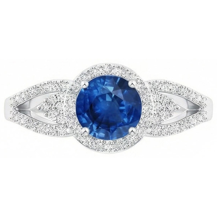 Bague Saphir Et Diamants Naturels Extraits des Mines ( et non cultivés en laboratoire ) Taille Ronde 2.64 Ct Or Blanc