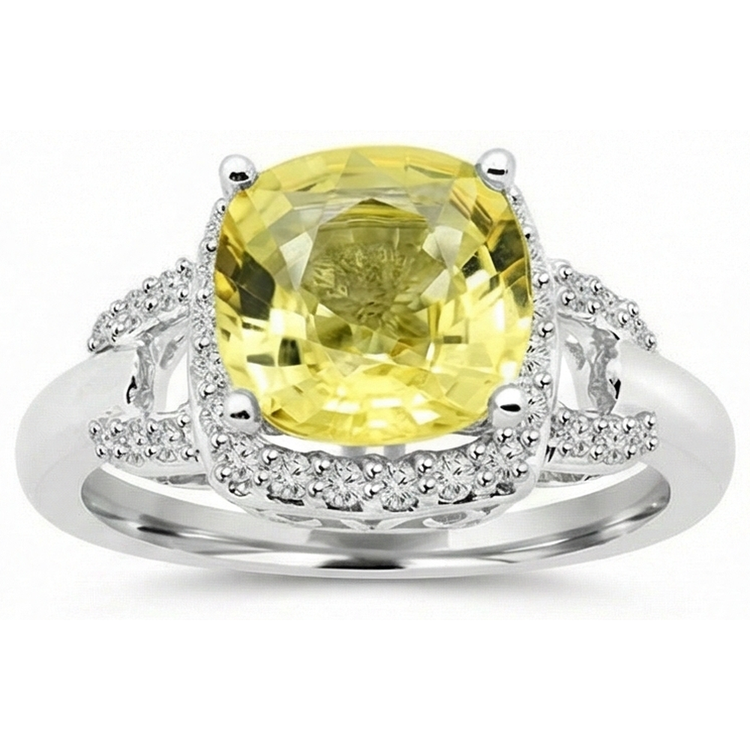 Bague Saphir Jaune Et Diamants Naturels Extraits des Mines ( et non cultivés en laboratoire ) 4 Carats Or Blanc 14K