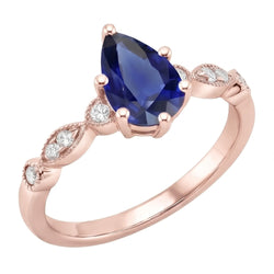 Bague Saphir Or Rose Style Vintage Poire & Diamants Ronds 4 Carats