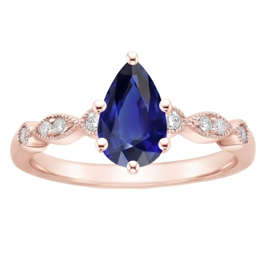 Bague Saphir Or Rose Style Vintage Poire & Diamants Ronds 4 Carats
