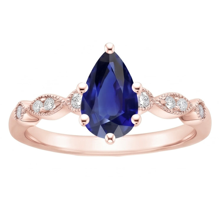 Bague Saphir Or Rose Style Vintage Poire & Diamants Ronds 4 Carats