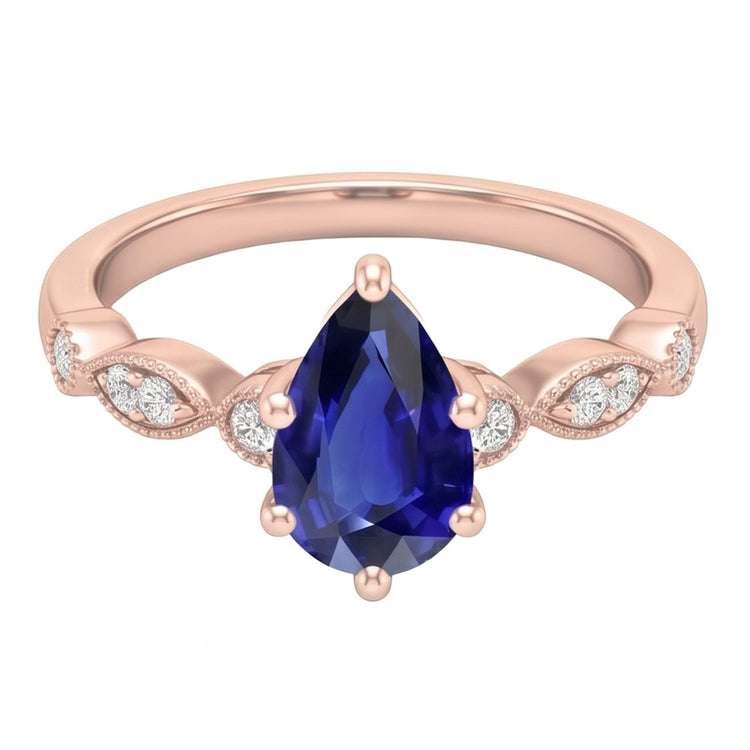Bague Saphir Or Rose Style Vintage Poire & Diamants Ronds 4 Carats