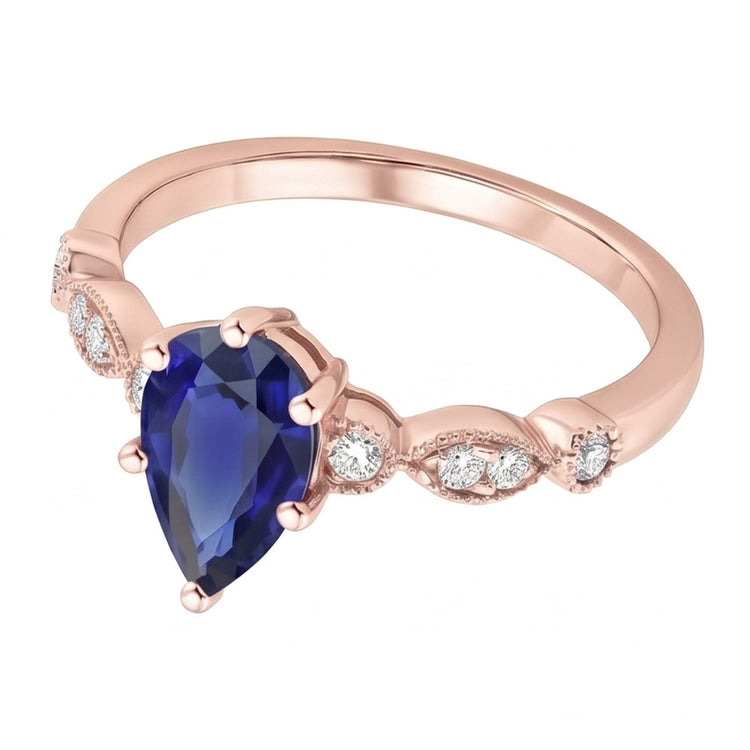 Bague Saphir Or Rose Style Vintage Poire & Diamants Ronds 4 Carats