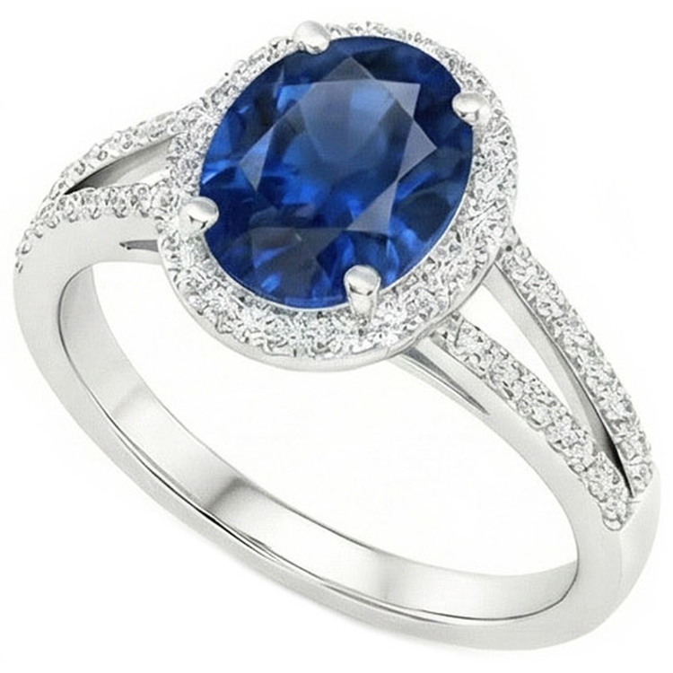 Bague Saphir Ovale Bleu Avec Accents Diamant Naturels Extraits des Mines ( et non cultivés en laboratoire ) Or Blanc 14K 3.50 Ct