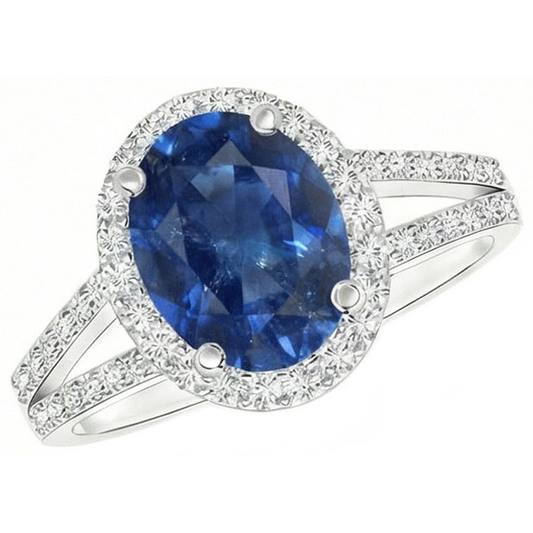 Bague Saphir Ovale Bleu Avec Accents Diamant Naturels Extraits des Mines ( et non cultivés en laboratoire ) Or Blanc 14K 3.50 Ct