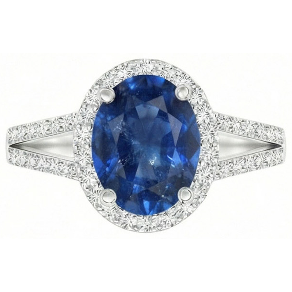 Bague Saphir Ovale Bleu Avec Accents Diamant Naturels Extraits des Mines ( et non cultivés en laboratoire ) Or Blanc 14K 3.50 Ct