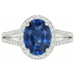 Bague Saphir Ovale Bleu Avec Accents Diamant Naturels Extraits des Mines ( et non cultivés en laboratoire ) Or Blanc 14K 3.50 Ct