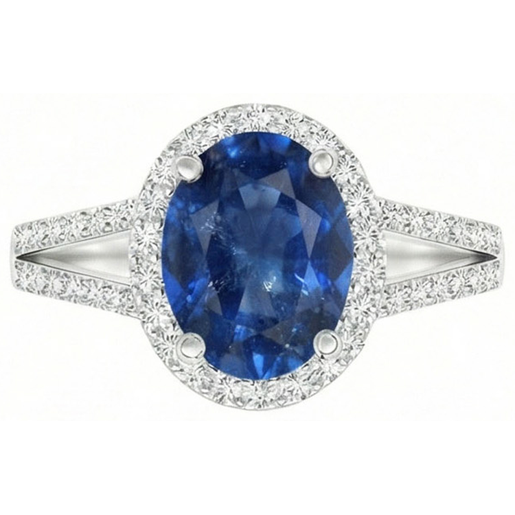 Bague Saphir Ovale Bleu Avec Accents Diamant Naturels Extraits des Mines ( et non cultivés en laboratoire ) Or Blanc 14K 3.50 Ct
