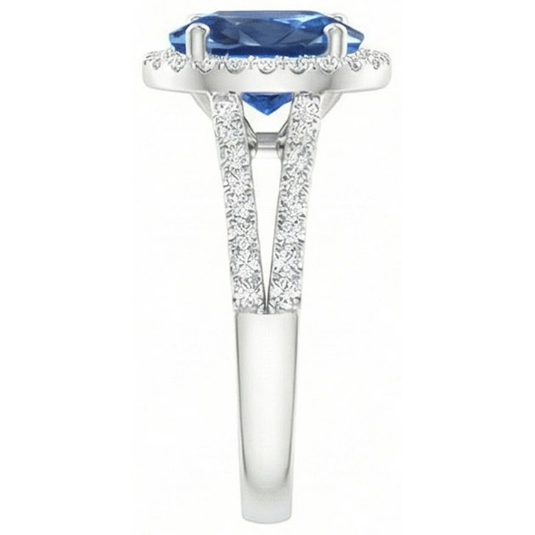 Bague Saphir Ovale Bleu Avec Accents Diamant Naturels Extraits des Mines ( et non cultivés en laboratoire ) Or Blanc 14K 3.50 Ct