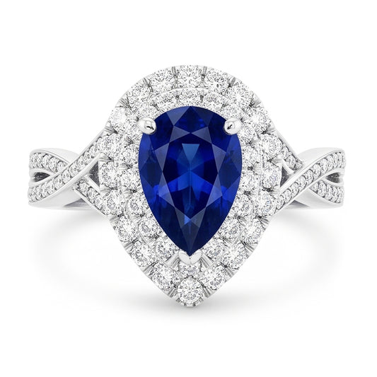Bague Saphir Poire Halo Style Sri Lankais Torsadé 4.50 Carats