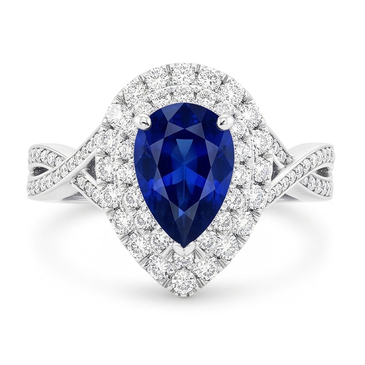 Bague Saphir Poire Halo Style Sri Lankais Torsadé 4.50 Carats