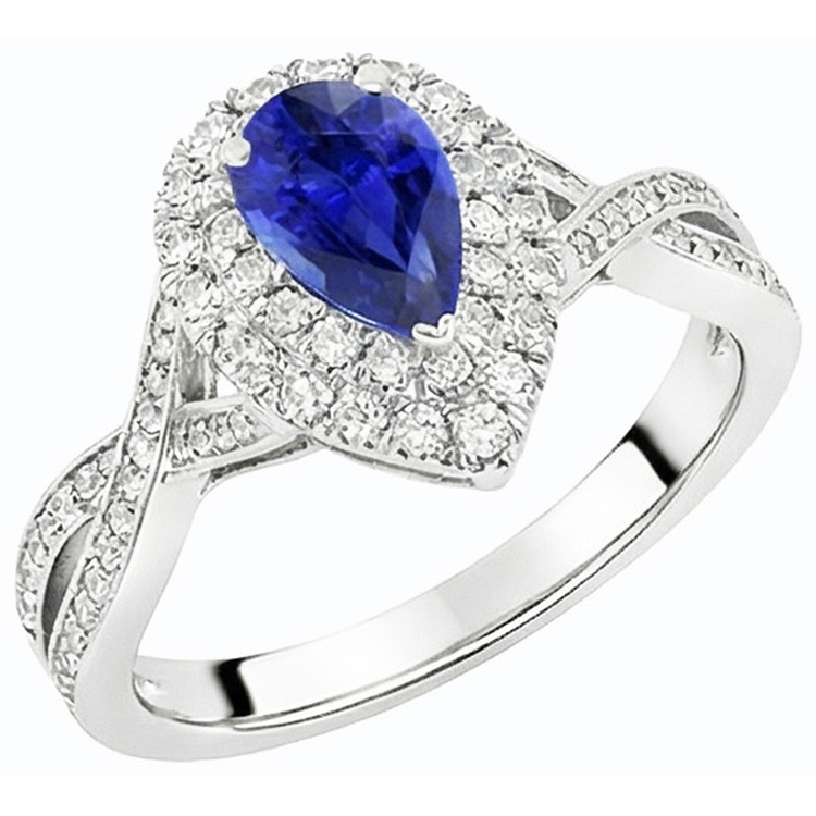 Bague Saphir Poire Halo Style Sri Lankais Torsadé 4.50 Carats