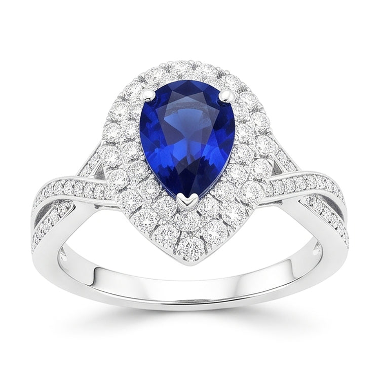 Bague Saphir Poire Halo Style Sri Lankais Torsadé 4.50 Carats