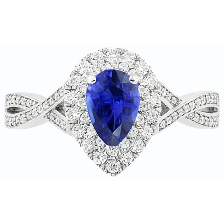 Bague Saphir Poire Halo Style Sri Lankais Torsadé 4.50 Carats