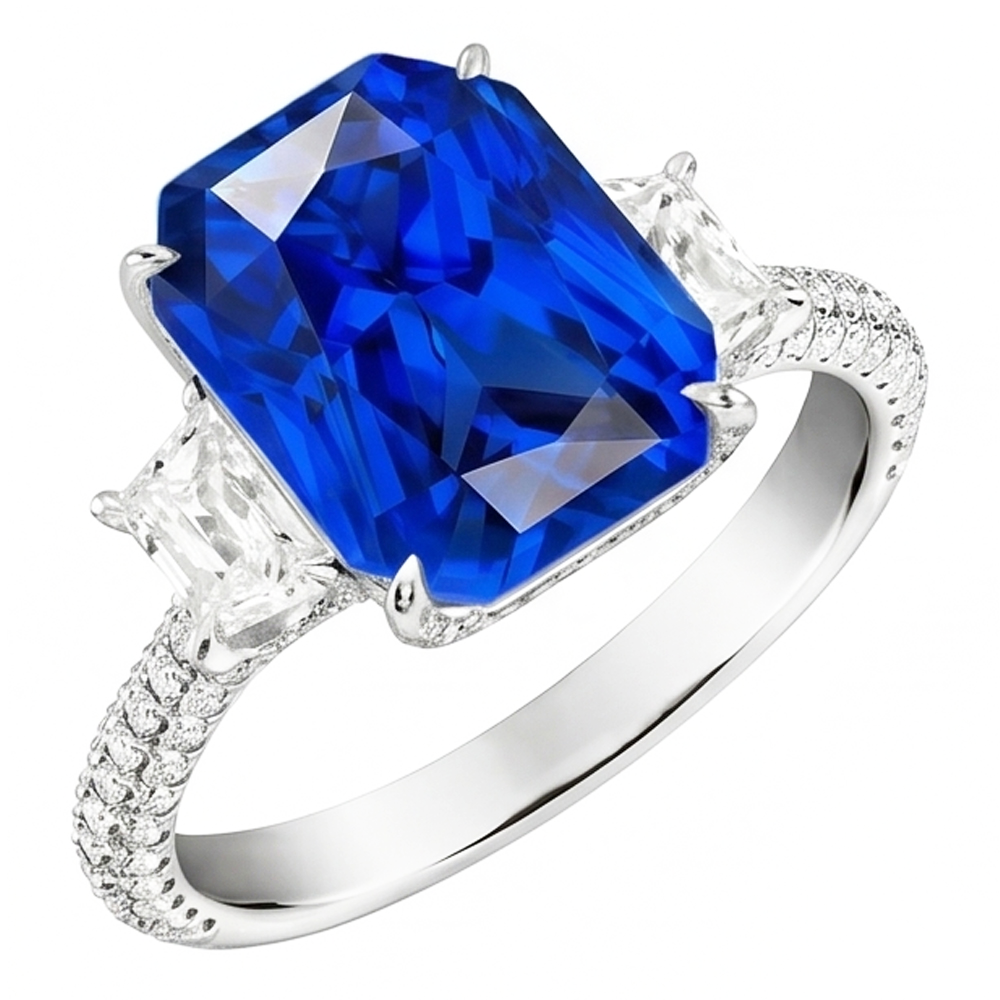 Bague Saphir Radiant Diamant 3 Pierres Avec Accents Or 4.50 Carats