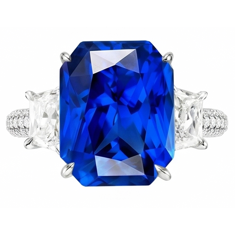 Bague Saphir Radiant Diamant 3 Pierres Avec Accents Or 4.50 Carats