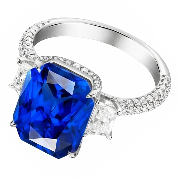 Bague Saphir Radiant Diamant 3 Pierres Avec Accents Or 4.50 Carats