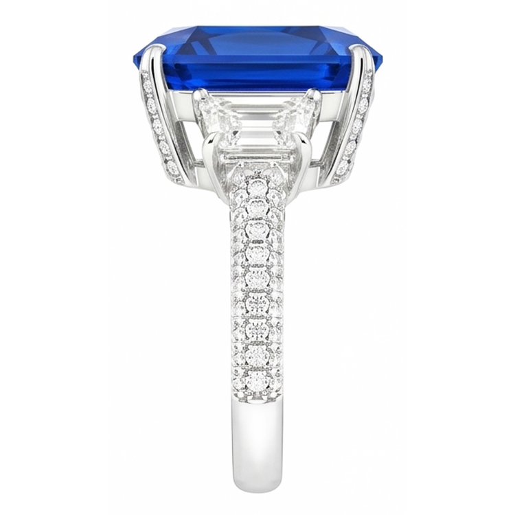 Bague Saphir Radiant Diamant 3 Pierres Avec Accents Or 4.50 Carats