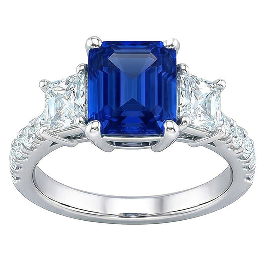 Bague Saphir Radiant Gemstone Trapèze & Diamants Ronds 3.50 Carats