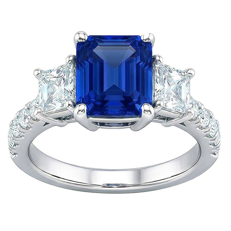 Bague Saphir Radiant Gemstone Trapèze & Diamants Ronds 3.50 Carats