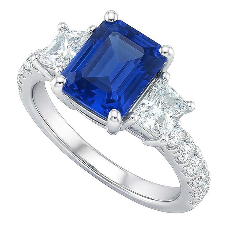 Bague Saphir Radiant Gemstone Trapèze & Diamants Ronds 3.50 Carats