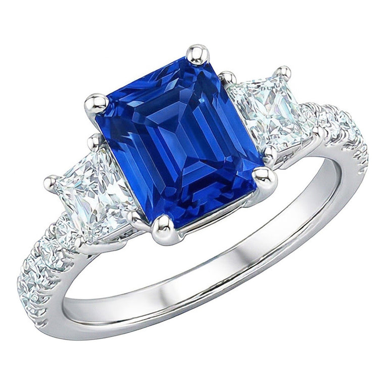 Bague Saphir Radiant Gemstone Trapèze & Diamants Ronds 3.50 Carats