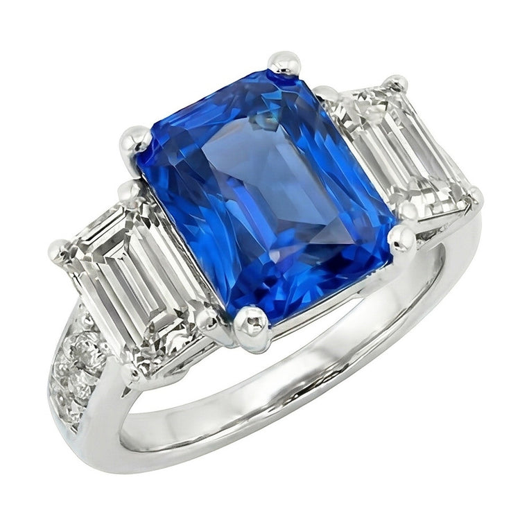 Bague Saphir Radiant Pierres Précieuses 4.50 Carats Émeraude & Diamants Ronds