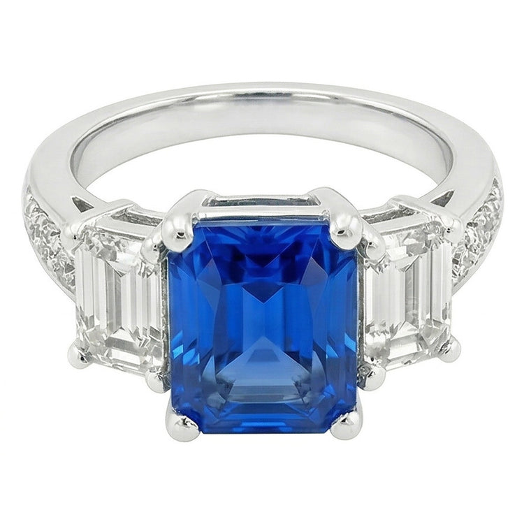 Bague Saphir Radiant Pierres Précieuses 4.50 Carats Émeraude & Diamants Ronds