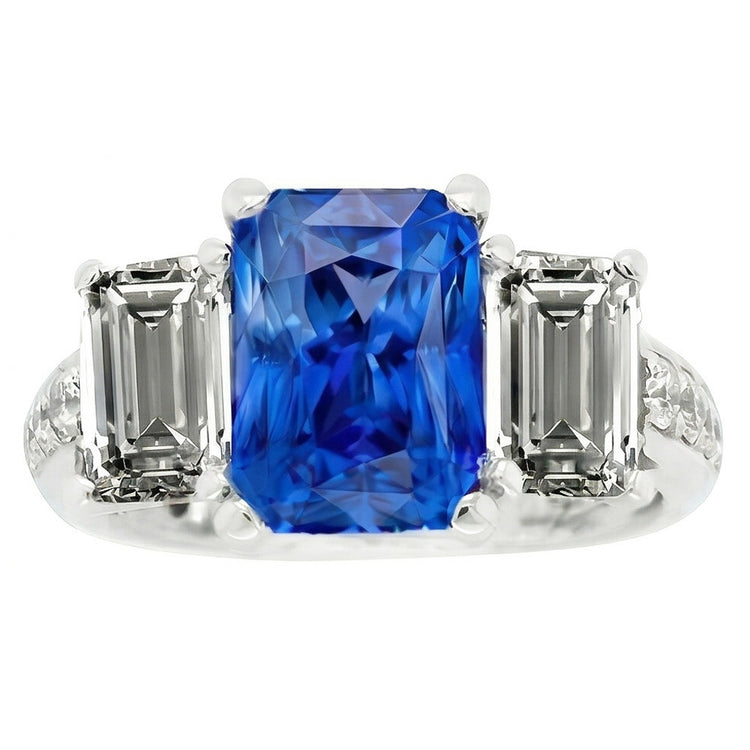 Bague Saphir Radiant Pierres Précieuses 4.50 Carats Émeraude & Diamants Ronds