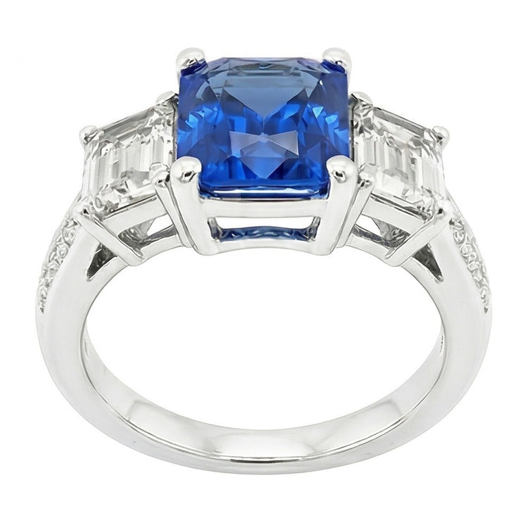 Bague Saphir Radiant Pierres Précieuses 4.50 Carats Émeraude & Diamants Ronds