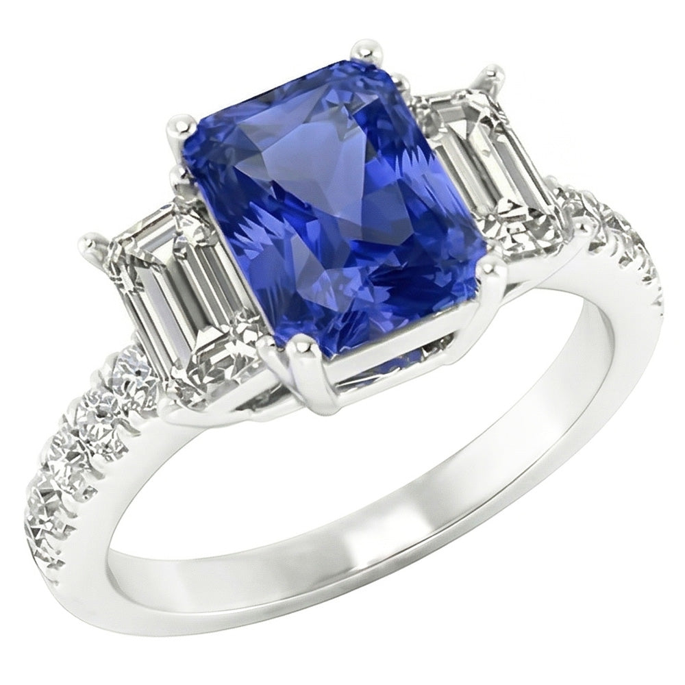Bague Saphir Radiant Pierres Précieuses Emeraude & Diamants Ronds 3 Carats