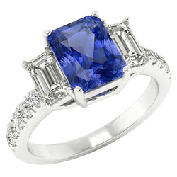 Bague Saphir Radiant Pierres Précieuses Emeraude & Diamants Ronds 3 Carats