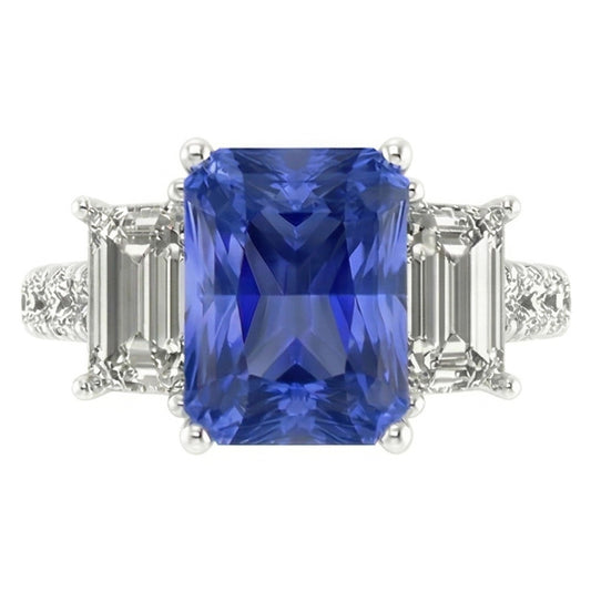 Bague Saphir Radiant Pierres Précieuses Emeraude & Diamants Ronds 3 Carats