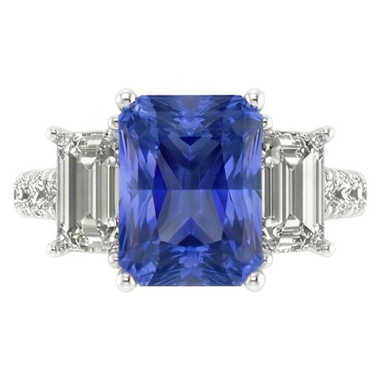 Bague Saphir Radiant Pierres Précieuses Emeraude & Diamants Ronds 3 Carats