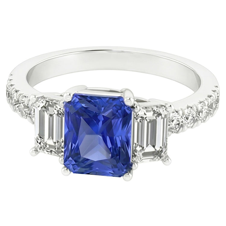 Bague Saphir Radiant Pierres Précieuses Emeraude & Diamants Ronds 3 Carats
