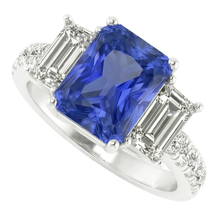 Bague Saphir Radiant Pierres Précieuses Emeraude & Diamants Ronds 3 Carats