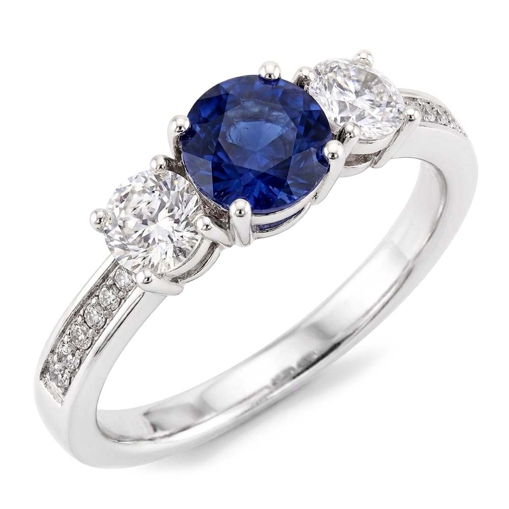 Bague Saphir Rond & Diamant Or Blanc 2.50 Carats Style 3 Pierres