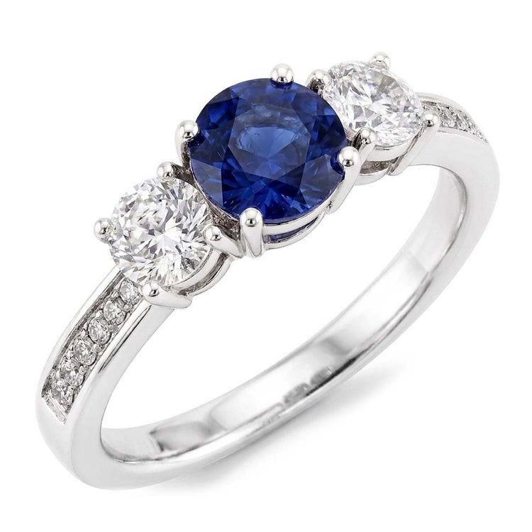 Bague Saphir Rond & Diamant Or Blanc 2.50 Carats Style 3 Pierres