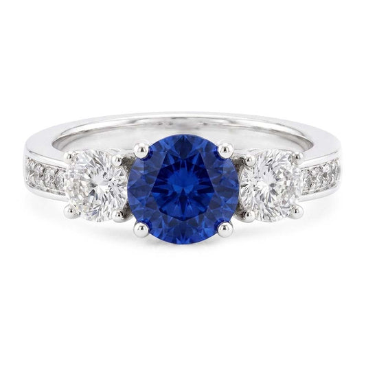 Bague Saphir Rond & Diamant Or Blanc 2.50 Carats Style 3 Pierres