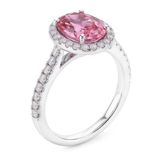 Bague Saphir Rose Taille Ovale & Diamants Naturels Extraits des Mines ( et non cultivés en laboratoire ) Ronds 2.25 Ct Or Blanc 14K