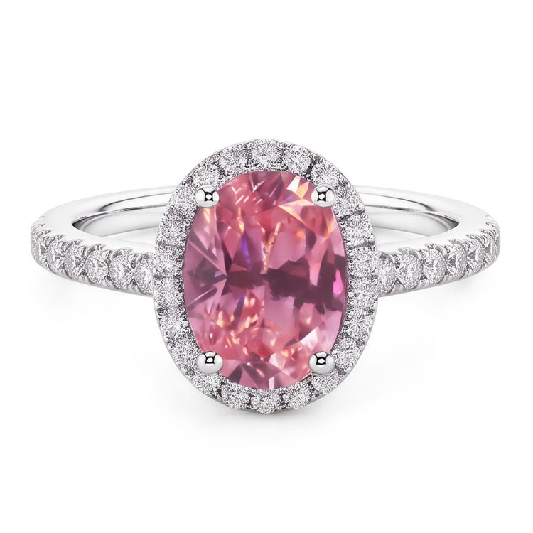 Bague Saphir Rose Taille Ovale & Diamants Naturels Extraits des Mines ( et non cultivés en laboratoire ) Ronds 2.25 Ct Or Blanc 14K