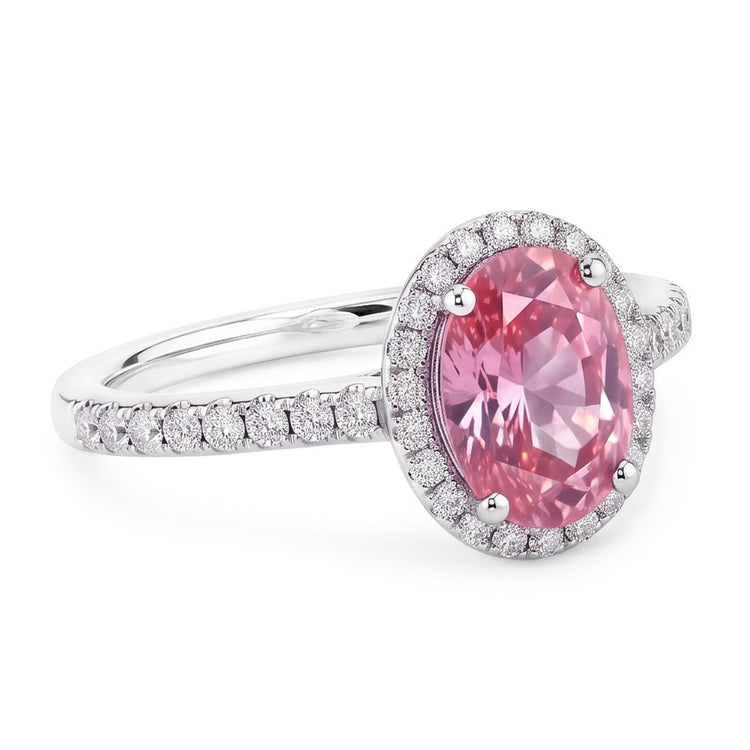 Bague Saphir Rose Taille Ovale & Diamants Naturels Extraits des Mines ( et non cultivés en laboratoire ) Ronds 2.25 Ct Or Blanc 14K