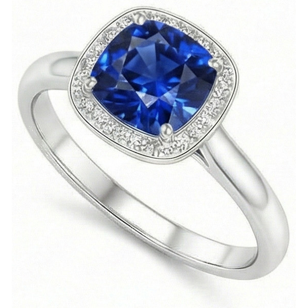 Bague Saphir Sri Lanka 3 Ct Taille Coussin Et Ronde Or Blanc 14K