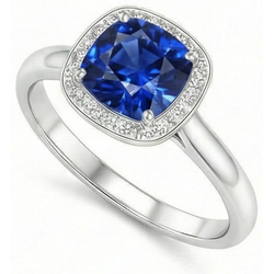 Bague Saphir Sri Lanka 3 Ct Taille Coussin Et Ronde Or Blanc 14K