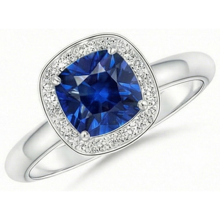Bague Saphir Sri Lanka 3 Ct Taille Coussin Et Ronde Or Blanc 14K